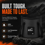 A rugged 20L black collapsible camping bucket made of premium 500D PVC Tarpaulin sits on a dark rock with rough mountains in the background. Bold distressed white and orange headlines read 'BUILT TOUGH. MADE TO LAST.' Three orange hexagonal icons highlight its industrial-grade construction: '100% Waterproof', 'Low-Temperature Resistant', and 'Puncture & Tear Resistant', emphasizing the durable double-seamed reliability for overlanding gear and outdoor survival.