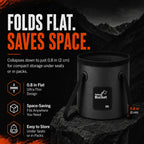 A black 20L collapsible camping bucket sits on a dark textured rock with dramatic mountains in the background. Large bold distressed white and orange headlines read 'FOLDS FLAT. SAVES SPACE.' A red-orange dimension line on the right marks the ultra-thin 0.8 in (2 cm) collapsed profile. Three orange hexagonal icons cleanly showcase its compact storage features: '0.8 in Flat Ultra-Thin Design', 'Space-Saving Fits Anywhere You Need', and 'Easy to Store Under Seats or in Packs', demonstrating its ultimate porta