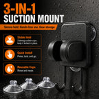 Terra Rinse 3-in-1 suction mount showing stable hold, quick installation and reusable suction cups