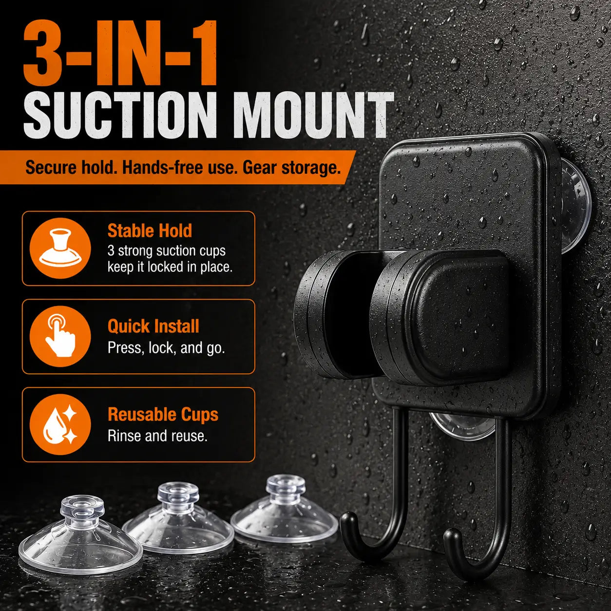 Terra Rinse 3-in-1 suction mount showing stable hold, quick installation and reusable suction cups