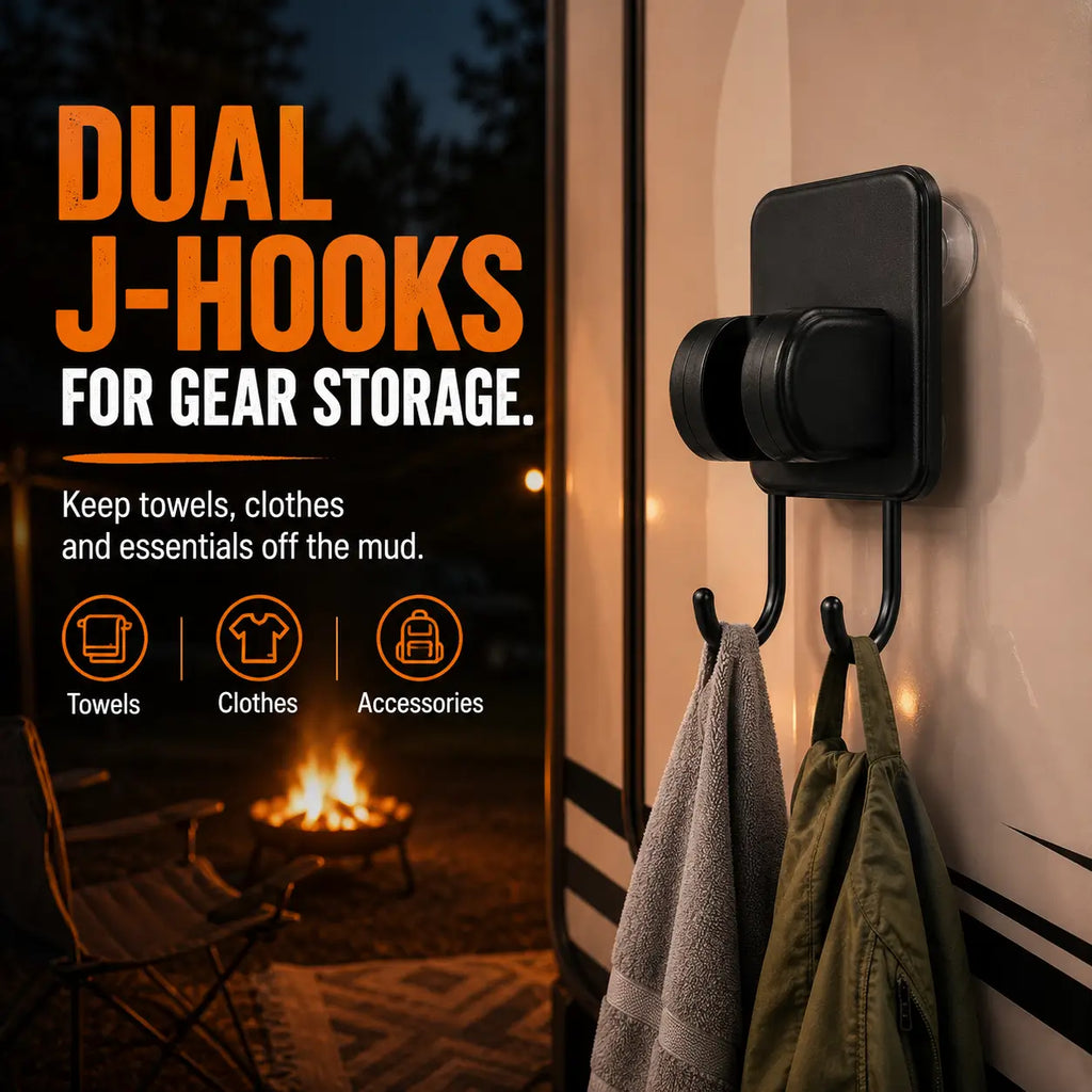 Terra Rinse dual J-hooks holding a towel and jacket on an RV exterior during camping