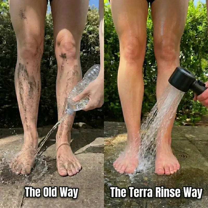 Before and after comparison of washing muddy feet with a plastic water bottle versus using the Terra Rinse Pro portable outdoor shower kit at a campsite.
