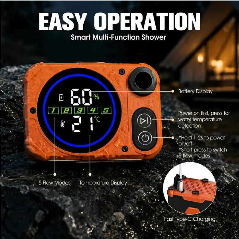 Smart LED screen control panel of the Terra Rinse Pro portable camping shower kit on a wet dark rock, showing water temperature and battery display with a blurred luxury outdoor campsite tent background.