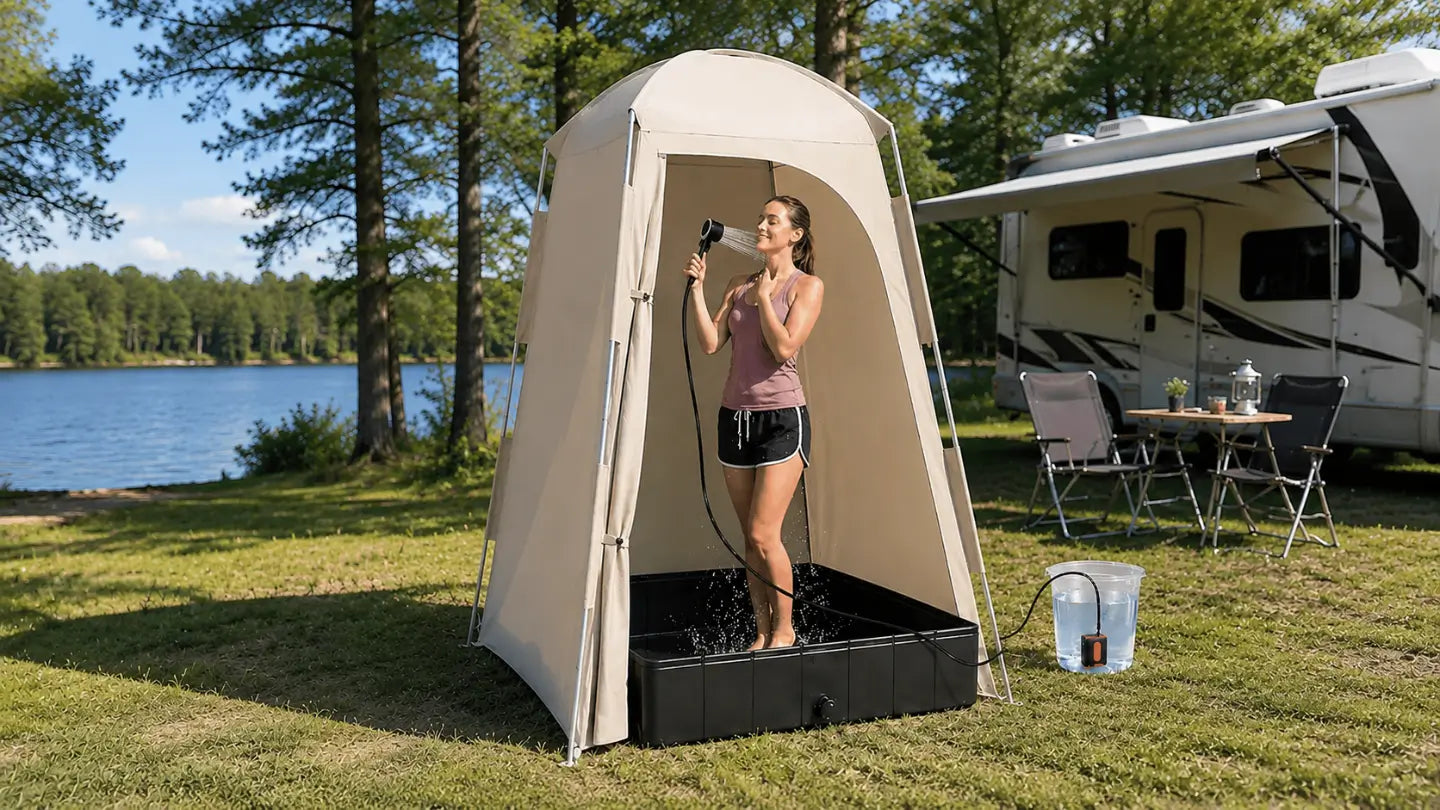 An American woman enjoying a refreshing rinse with the Terra Rinse Pro portable camping shower at a scenic luxury outdoor campsite during golden hour.