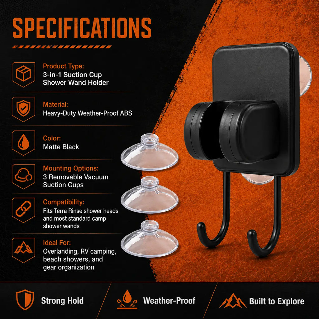 Terra Rinse suction mount and hook specifications with matte black ABS construction and three removable suction cups