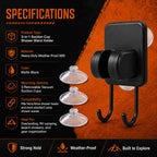 Terra Rinse suction mount and hook specifications with matte black ABS construction and three removable suction cups