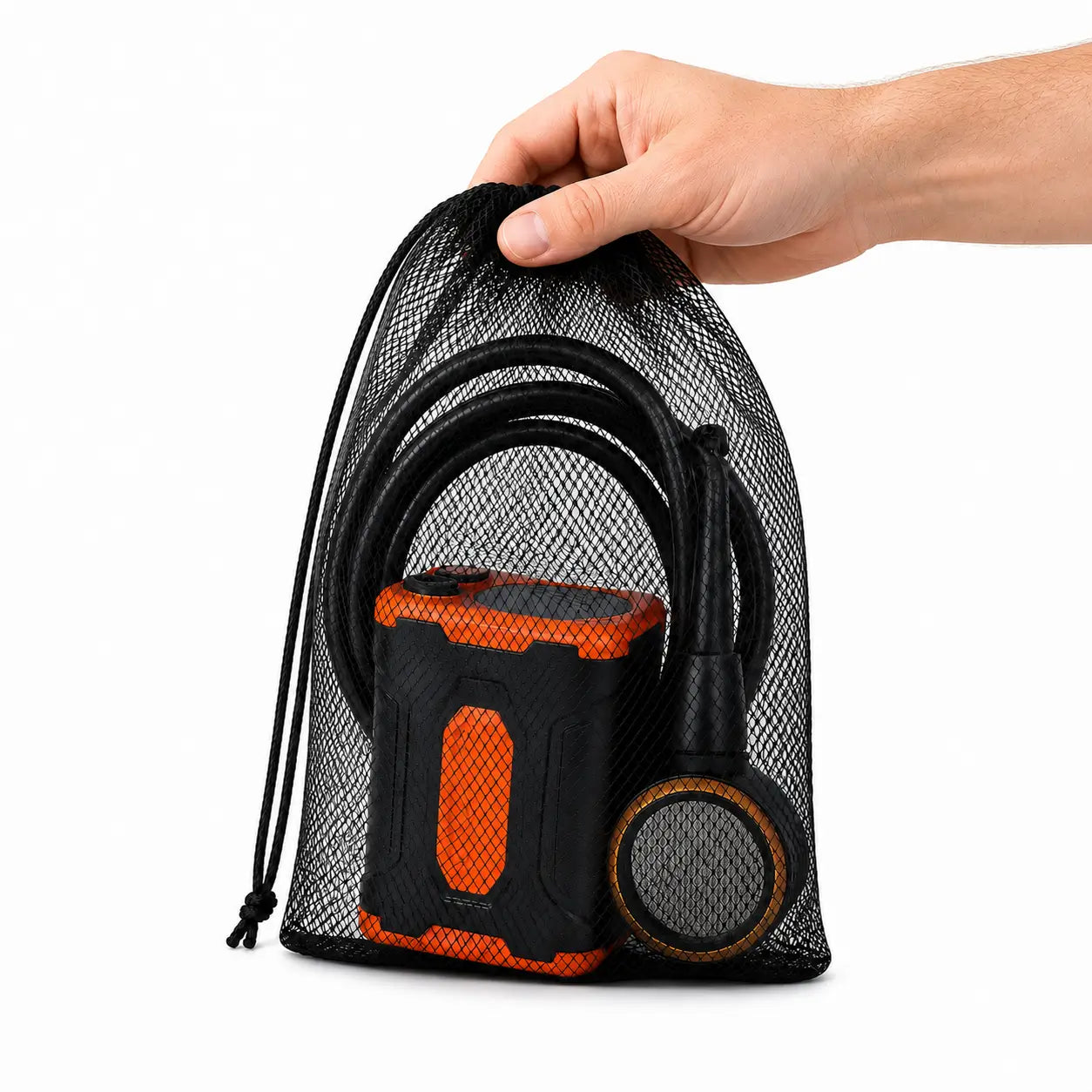 Black mesh travel storage bag holding the Terra Rinse portable shower pump, hose and shower wand