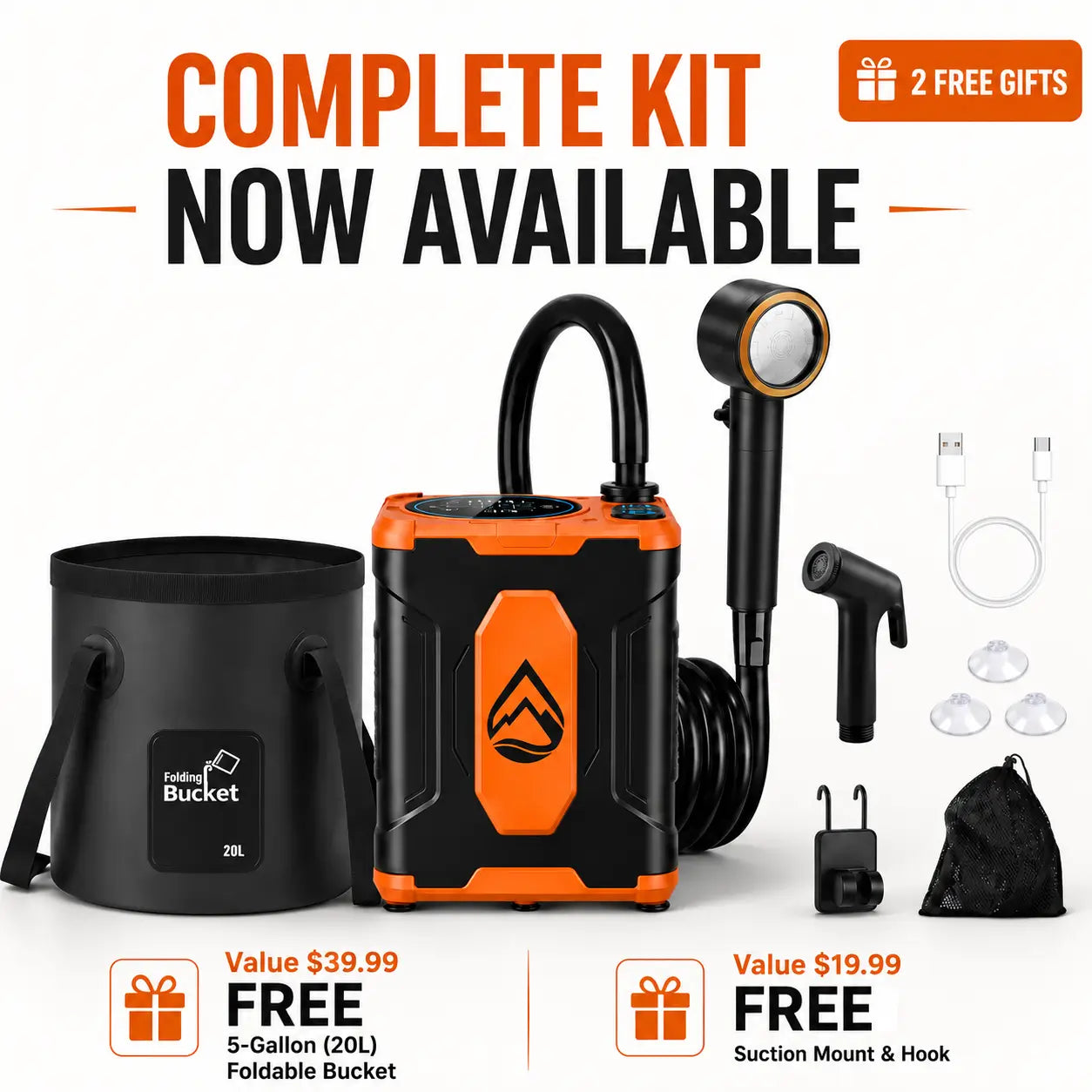TerraRinse Complete Kit promotional image showing the portable shower pump with 2 free gifts: a 5-gallon (20L) foldable bucket and a suction mount & hook.