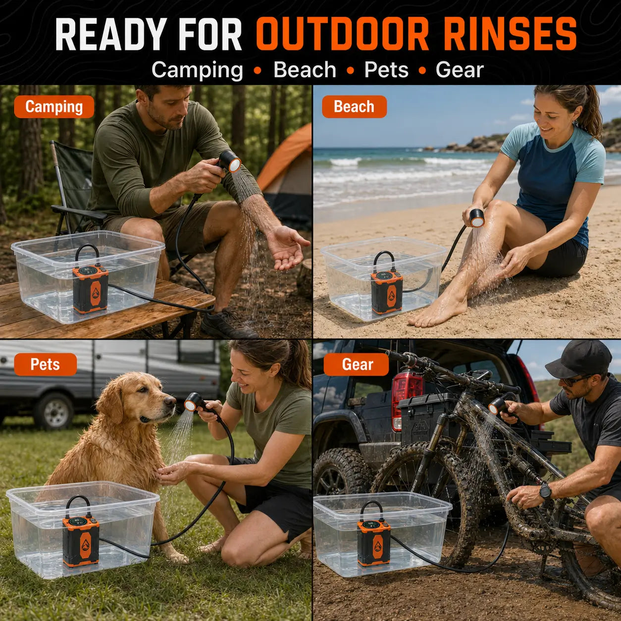 TerraRinse portable outdoor shower used for camping beach pet washing and gear cleaning