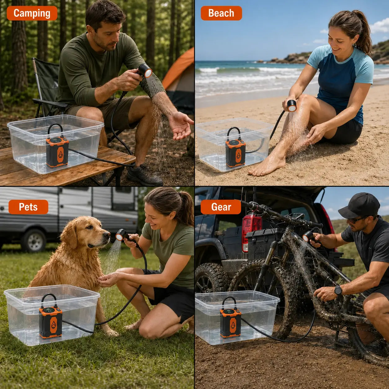 TerraRinse portable outdoor shower used for camping, beach rinsing, pet washing and cleaning muddy gear