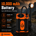 TerraRinse portable shower with 10000mAh rechargeable battery and up to 240 minutes runtime