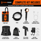TerraRinse Portable Shower Complete Kit includes pump unit, hose, 3-mode showerhead, USB-C cable, 20L foldable bucket, storage bag, pet spray head and suction mount