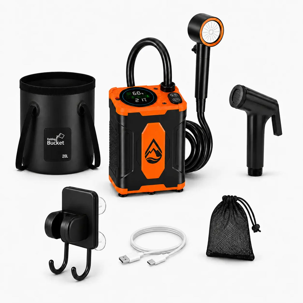 TerraRinse Portable Shower Complete Kit with pump, 3-mode showerhead, 20L foldable bucket, storage bag, spray head, suction mount and USB-C cable