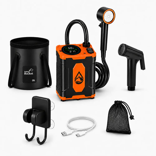 TerraRinse Portable Shower Complete Kit with pump, 3-mode showerhead, 20L foldable bucket, storage bag, spray head, suction mount and USB-C cable