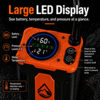 TerraRinse portable shower LED display showing battery level water temperature and pressure settings