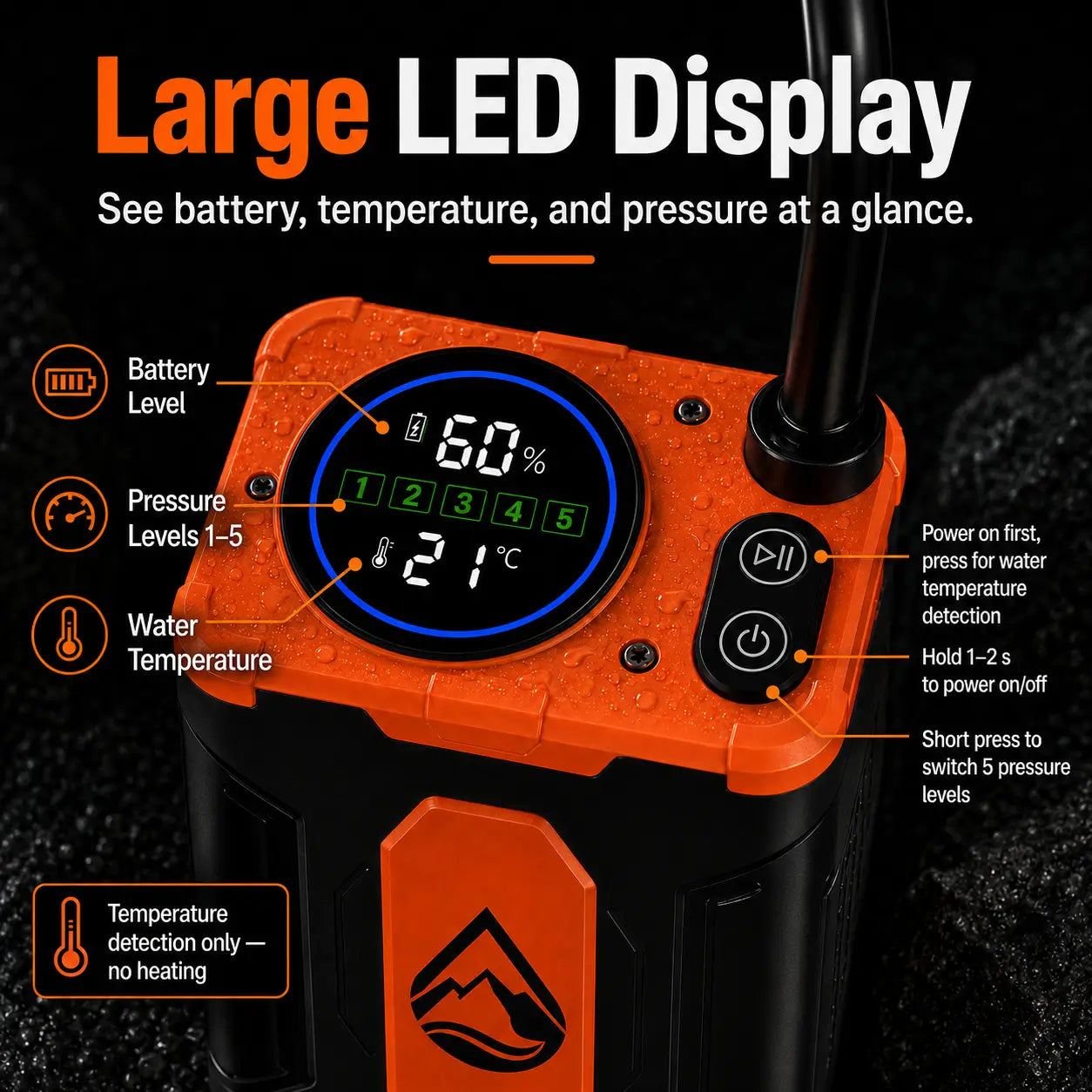 TerraRinse portable shower LED display showing battery level water temperature and pressure settings