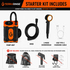 TerraRinse Portable Shower Starter Kit includes pump unit hose 3-mode showerhead and USB-C charging cable