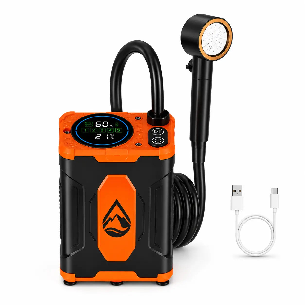 TerraRinse Pro Portable Shower Starter Kit with pump hose showerhead and USB-C charging cable