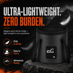 A rugged 20L black collapsible camping bucket sits on a dark rocky surface against a dramatic dark mountain background. Prominent white and orange text reads 'ULTRA-LIGHTWEIGHT. ZERO BURDEN.' with a floating white feather graphic. Orange hexagonal icons highlight key specifications: 'Only 0.36 lbs (163g)', 'Easy to Carry', and 'Adventure Ready', perfectly demonstrating its portable design for outdoor overlanding.